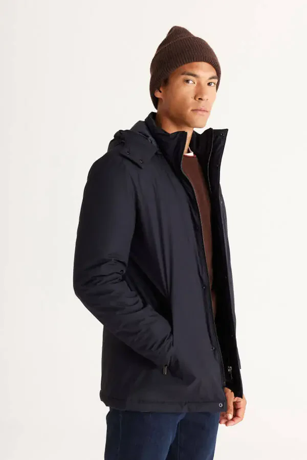Men's Navy Blue Standard Fit Regular Cut Removable Hoodie Coat - 10