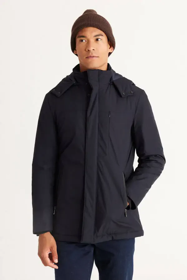 Men's Navy Blue Standard Fit Regular Cut Removable Hoodie Coat - 11