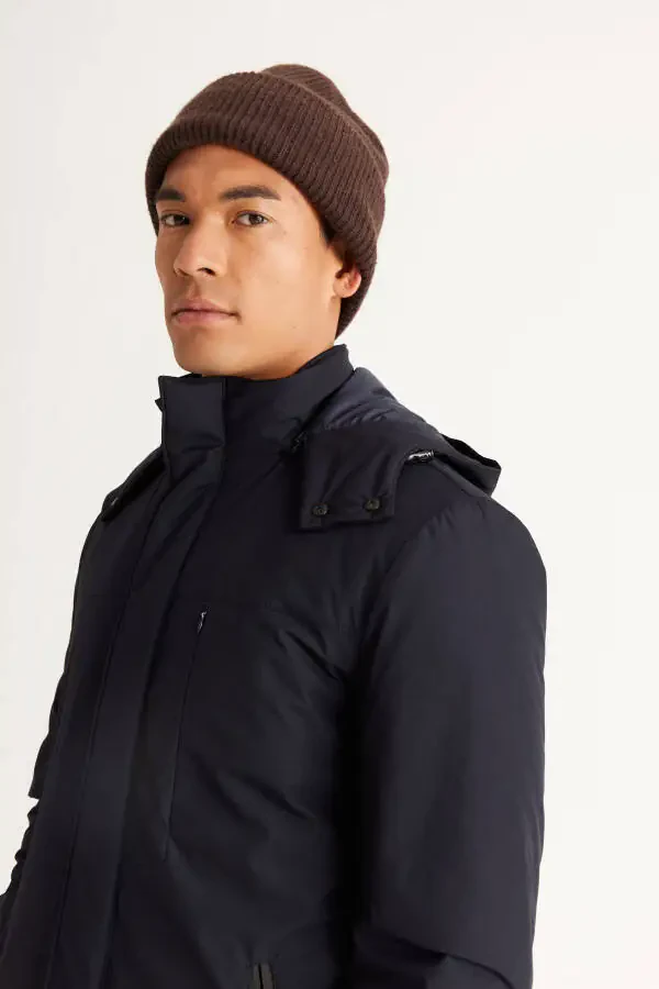 Men's Navy Blue Standard Fit Regular Cut Removable Hoodie Coat - 12