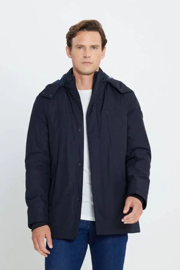 Men's Navy Blue Standard Fit Regular Cut Removable Hoodie Coat - 1