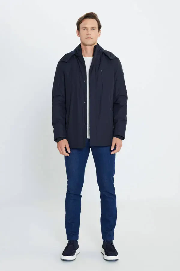 Men's Navy Blue Standard Fit Regular Cut Removable Hoodie Coat - 2
