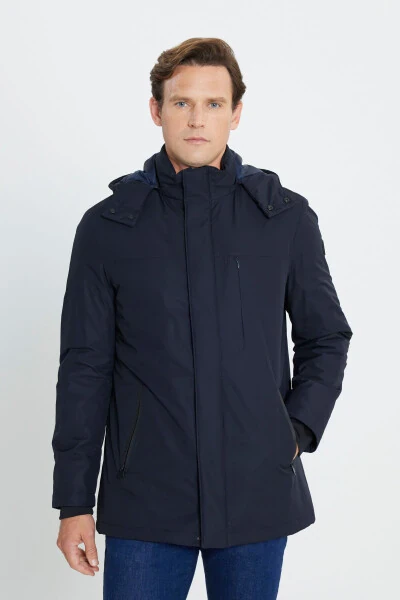 Men's Navy Blue Standard Fit Regular Cut Removable Hoodie Coat - 4
