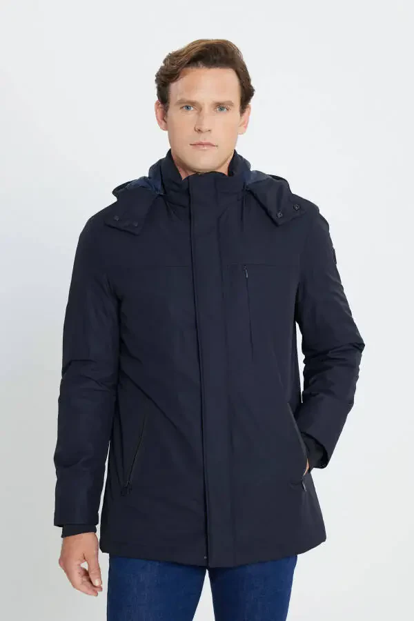 Men's Navy Blue Standard Fit Regular Cut Removable Hoodie Coat - 4