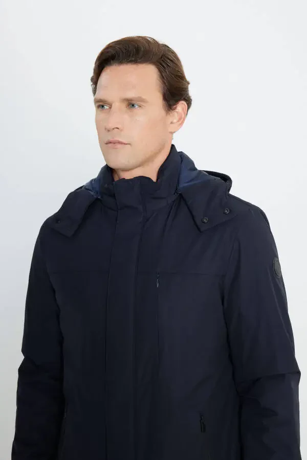 Men's Navy Blue Standard Fit Regular Cut Removable Hoodie Coat - 5