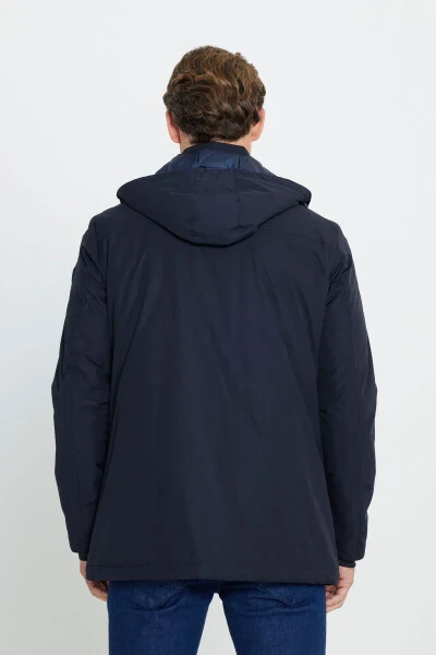 Men's Navy Blue Standard Fit Regular Cut Removable Hoodie Coat - 6