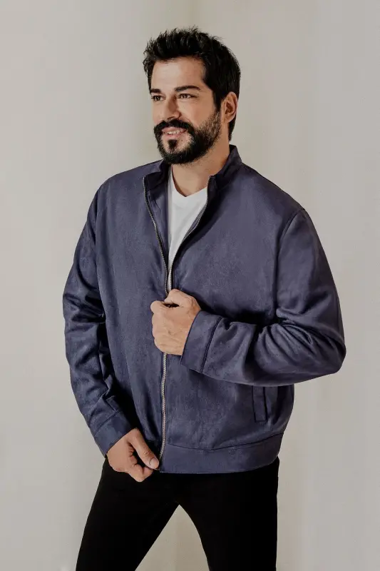 Men's Navy Blue Standard Fit Regular Cut Stand-Up Collar Suede Jacket-Navy Blue - MODAZONE