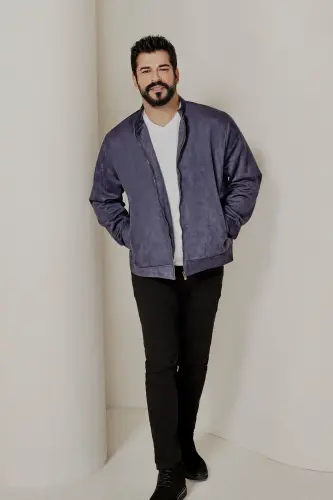 Men's Navy Blue Standard Fit Regular Cut Stand-Up Collar Suede Jacket-Navy Blue - MODAZONE (1)