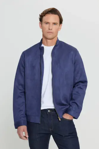 Men's Navy Blue Standard Fit Regular Cut Stand-Up Collar Suede Jacket-Navy Blue - 3