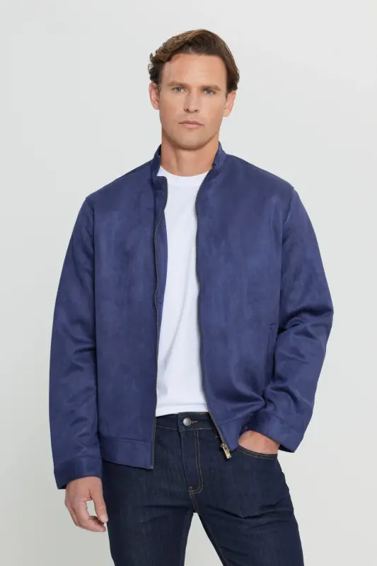 Men's Navy Blue Standard Fit Regular Cut Stand-Up Collar Suede Jacket-Navy Blue - 3