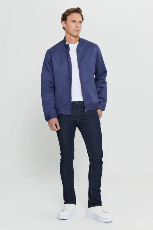Men's Navy Blue Standard Fit Regular Cut Stand-Up Collar Suede Jacket-Navy Blue - 4