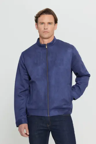 Men's Navy Blue Standard Fit Regular Cut Stand-Up Collar Suede Jacket-Navy Blue - 5