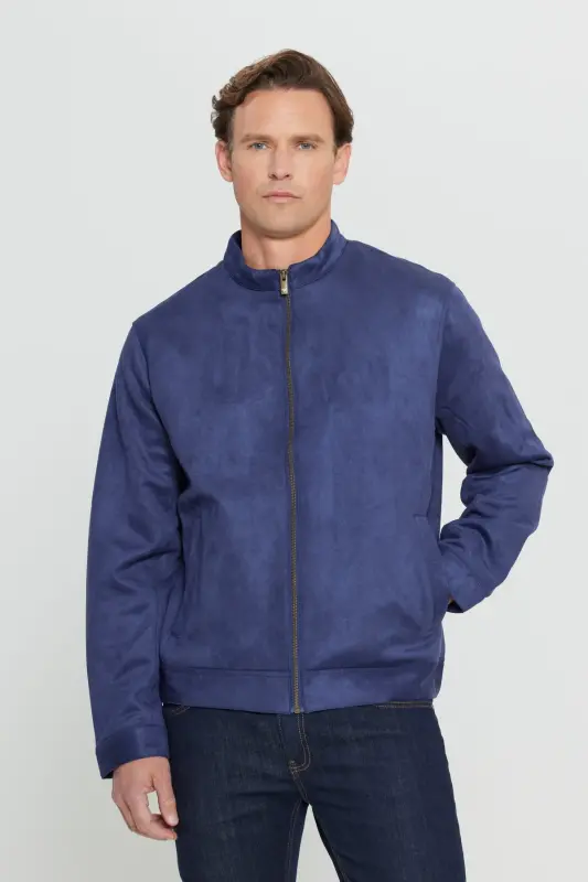 Men's Navy Blue Standard Fit Regular Cut Stand-Up Collar Suede Jacket-Navy Blue - 5