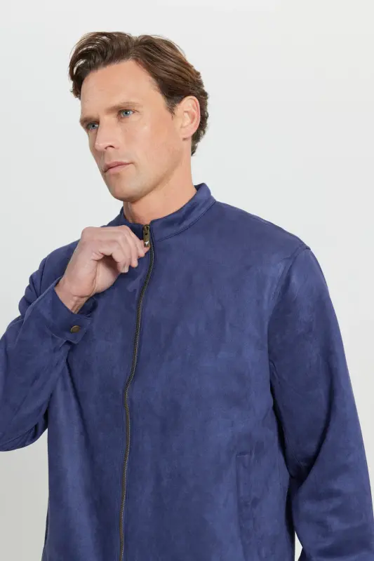 Men's Navy Blue Standard Fit Regular Cut Stand-Up Collar Suede Jacket-Navy Blue - 6