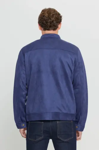 Men's Navy Blue Standard Fit Regular Cut Stand-Up Collar Suede Jacket-Navy Blue - 7