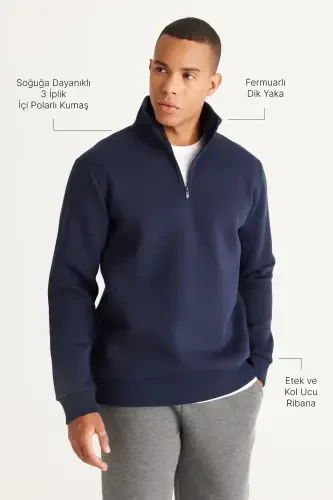 Men's Navy Blue Standard Fit Regular Fit Fleece Lined Stand-Up Funnel Neck Cotton Sweatshirt-Navy Blue - 3