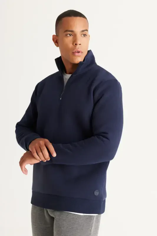 Men's Navy Blue Standard Fit Regular Fit Fleece Lined Stand-Up Funnel Neck Cotton Sweatshirt-Navy Blue - 4