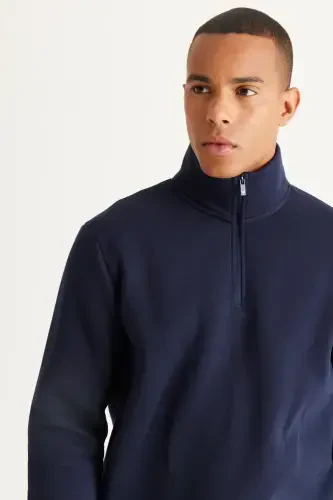 Men's Navy Blue Standard Fit Regular Fit Fleece Lined Stand-Up Funnel Neck Cotton Sweatshirt-Navy Blue - 5