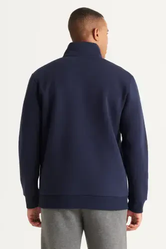 Men's Navy Blue Standard Fit Regular Fit Fleece Lined Stand-Up Funnel Neck Cotton Sweatshirt-Navy Blue - 6