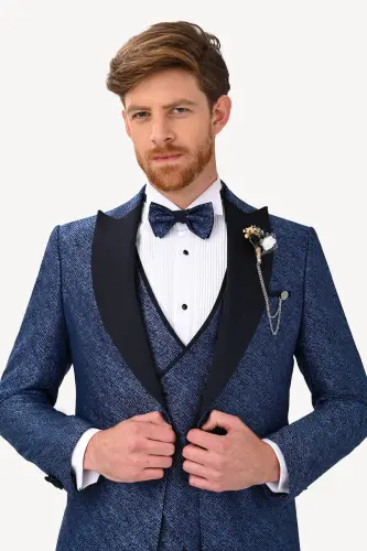 Men's Navy Blue Swallow Collar Slim Fit Tuxedo - 3