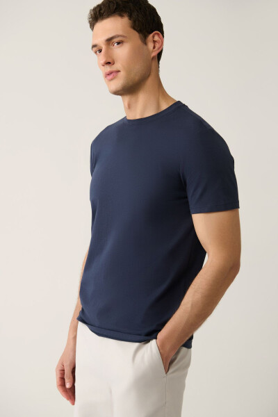 Men's Navy Blue T-shirt 100% Cotton Breathable Crew Neck Regular Fit E001000 - 15