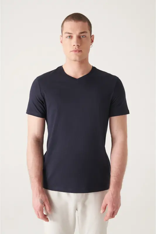 Men's Navy Blue T-shirt 100% Cotton V-Neck Regular Fit E001001 - AVVA