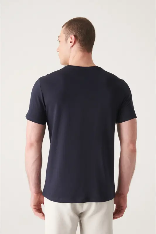 Men's Navy Blue T-shirt 100% Cotton V-Neck Regular Fit E001001 - 4