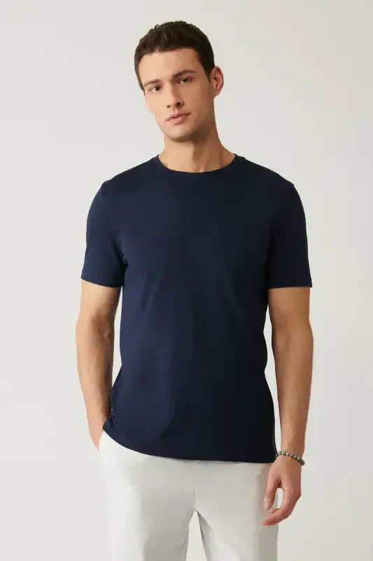 Men's Navy Blue T-shirt Ultrasoft Crew Neck Plain Regular Fit Modal B001171 - AVVA