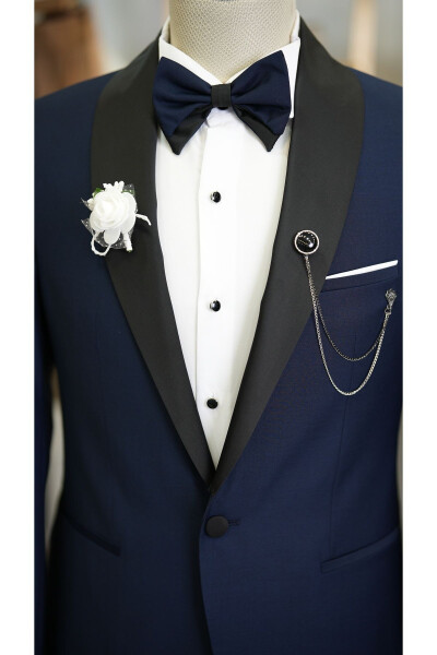 Men's Navy Blue Tuxedo Groom Suit with Satin Shawl Collar Italian Cut Slim Fit - Xprzcom3590-02 - 3