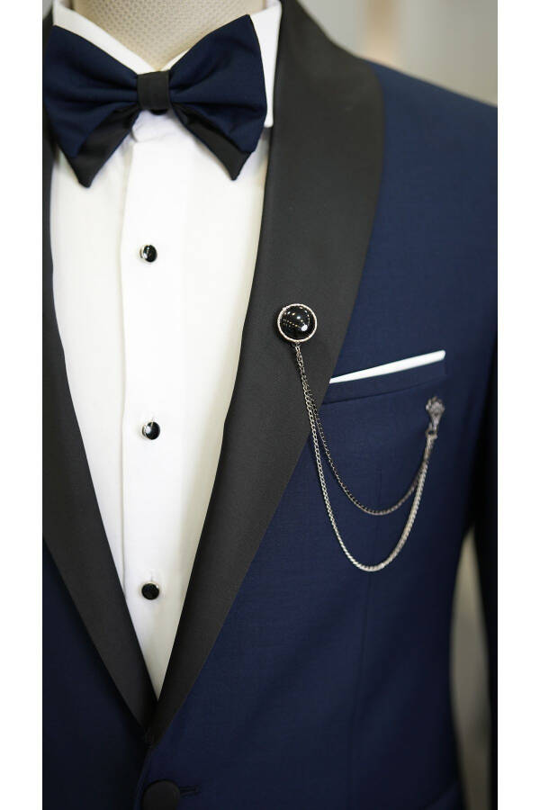 Men's Navy Blue Tuxedo Groom Suit with Satin Shawl Collar Italian Cut Slim Fit - Xprzcom3590-02 - 4