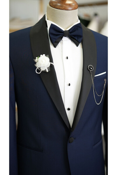 Men's Navy Blue Tuxedo Groom Suit with Satin Shawl Collar Italian Cut Slim Fit - Xprzcom3590-02 - 6