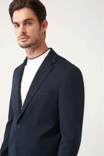 Men's Navy Blue Unlined Bi-stretch Double Breasted Jacket - AVVA (1)