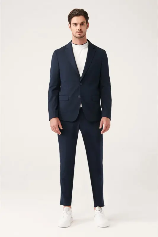 Men's Navy Blue Unlined Bi-stretch Double Breasted Jacket - 5