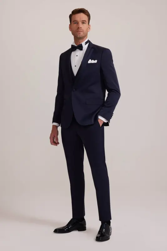 Men's Navy Blue Vested Single Breasted Slim Fit Groom Suit - 2