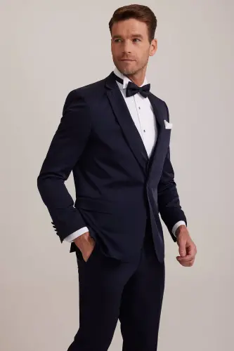 Men's Navy Blue Vested Single Breasted Slim Fit Groom Suit - 3