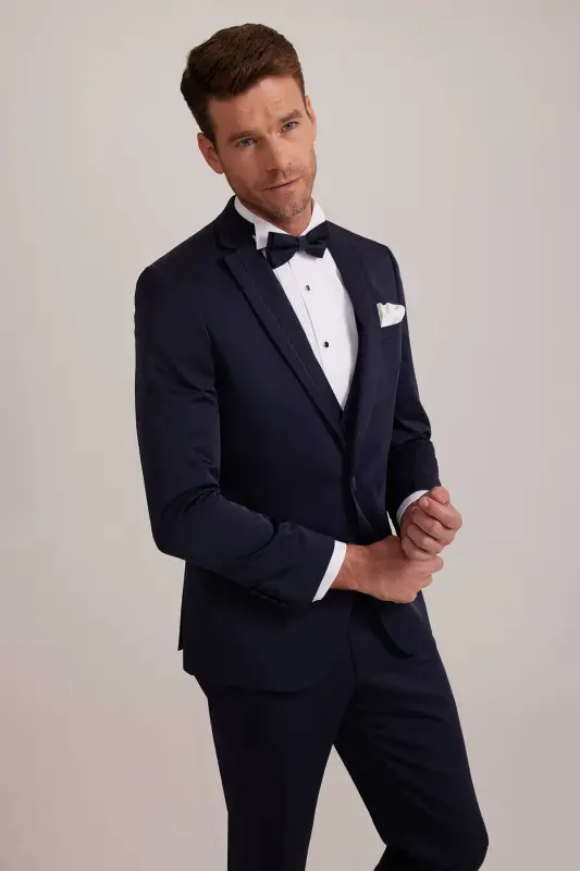 Men's Navy Blue Vested Single Breasted Slim Fit Groom Suit - 4