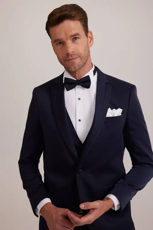 Men's Navy Blue Vested Single Breasted Slim Fit Groom Suit - 6