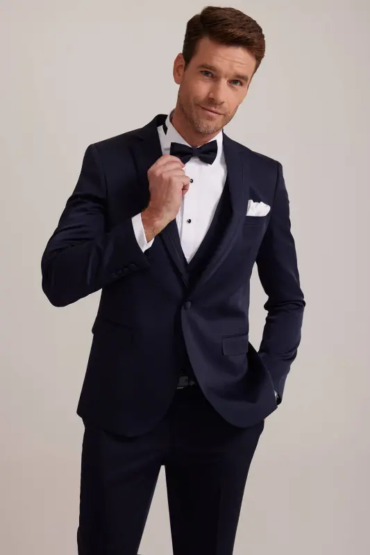 Men's Navy Blue Vested Single Breasted Slim Fit Groom Suit - 7