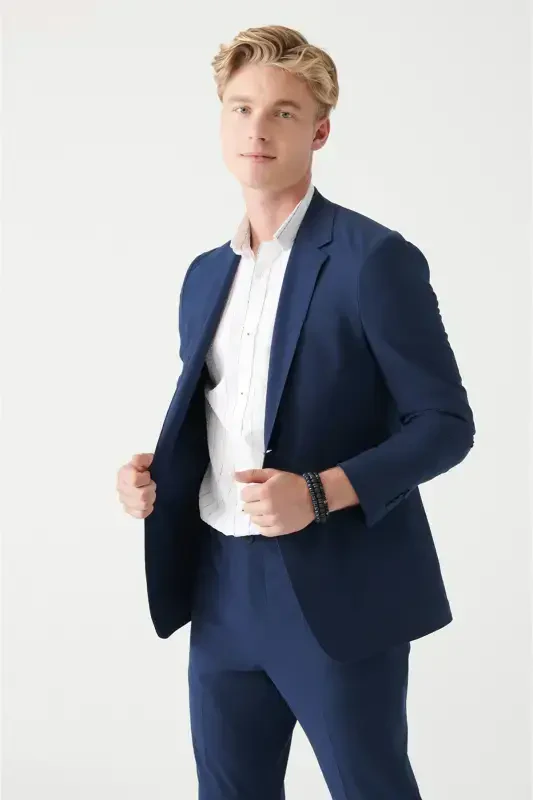 Men's Navy Blue Waffle Textured Unlined Double Slit Jacket A31Y4012-Navy Blue - AVVA