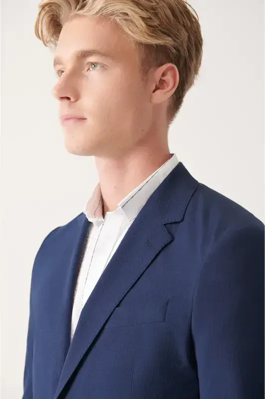 Men's Navy Blue Waffle Textured Unlined Double Slit Jacket A31Y4012-Navy Blue - 2