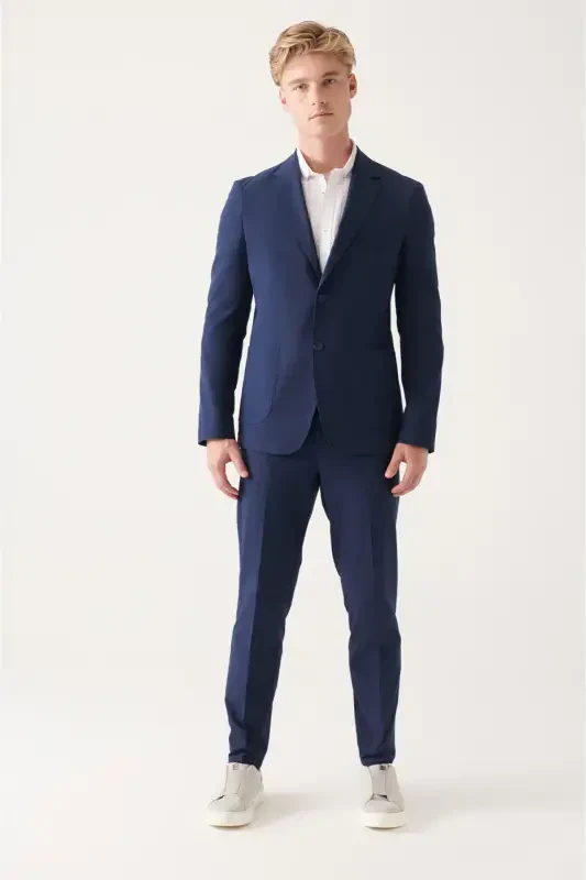 Men's Navy Blue Waffle Textured Unlined Double Slit Jacket A31Y4012-Navy Blue - 4