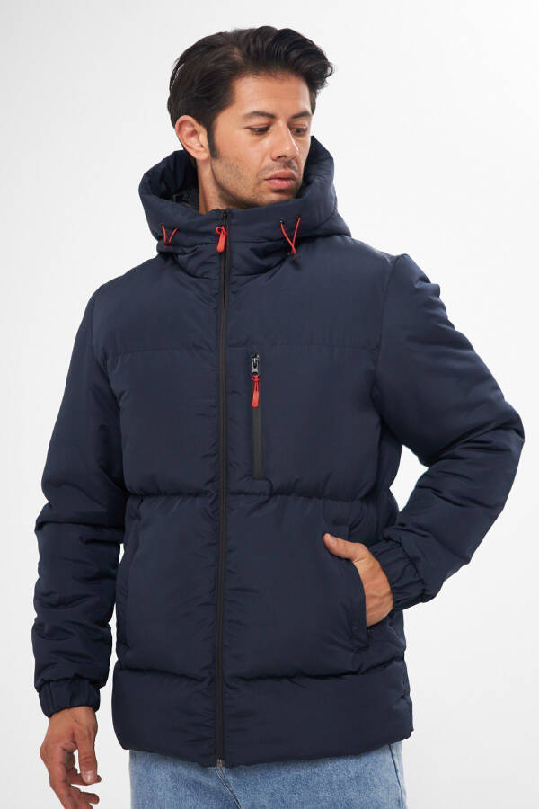 Men's Navy Blue Winter Puffer Jacket with Hood and Thick Lining, Windproof - 17