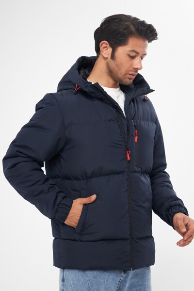 Men's Navy Blue Winter Puffer Jacket with Hood and Thick Lining, Windproof - 19