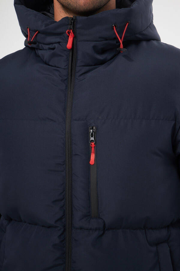 Men's Navy Blue Winter Puffer Jacket with Hood and Thick Lining, Windproof - 20