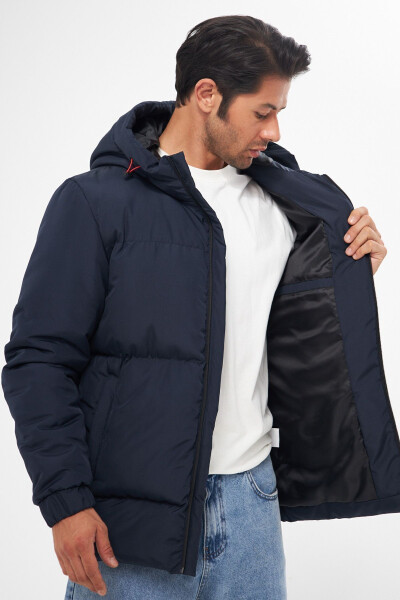 Men's Navy Blue Winter Puffer Jacket with Hood and Thick Lining, Windproof - 22