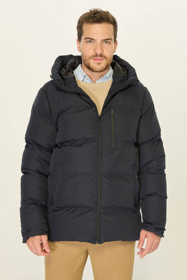 Men's Navy Blue Winter Puffer Jacket with Hood and Thick Lining, Windproof - 10