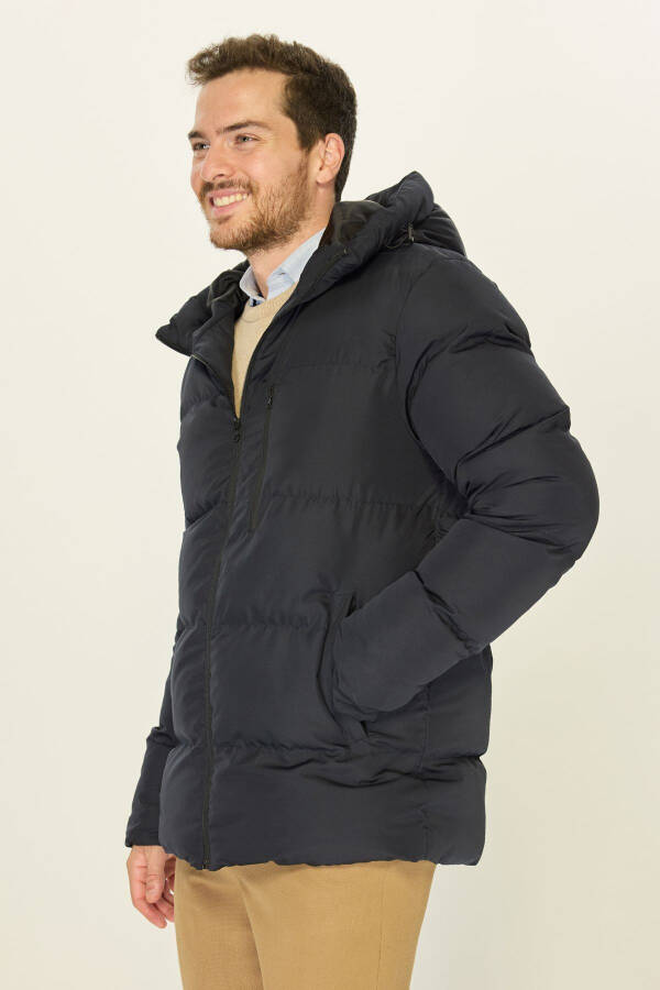 Men's Navy Blue Winter Puffer Jacket with Hood and Thick Lining, Windproof - 13