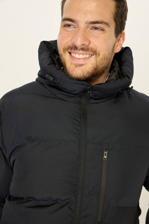 Men's Navy Blue Winter Puffer Jacket with Hood and Thick Lining, Windproof - 14