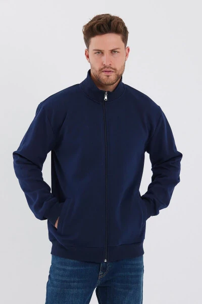 Men's Navy Blue Zippered Hoodie with Cotton Lining, Stand-up Collar and Side Pockets - COMEOR
