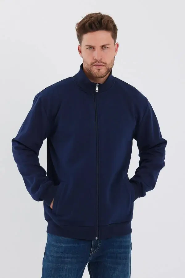 Men's Navy Blue Zippered Hoodie with Cotton Lining, Stand-up Collar and Side Pockets - 1
