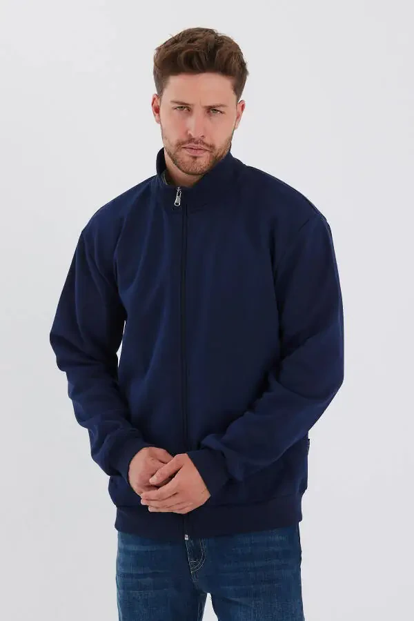 Men's Navy Blue Zippered Hoodie with Cotton Lining, Stand-up Collar and Side Pockets - 2